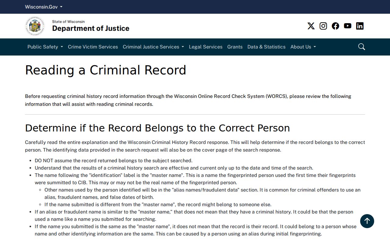 Kaukauna criminal records Wisconsin DOJ record reading guide