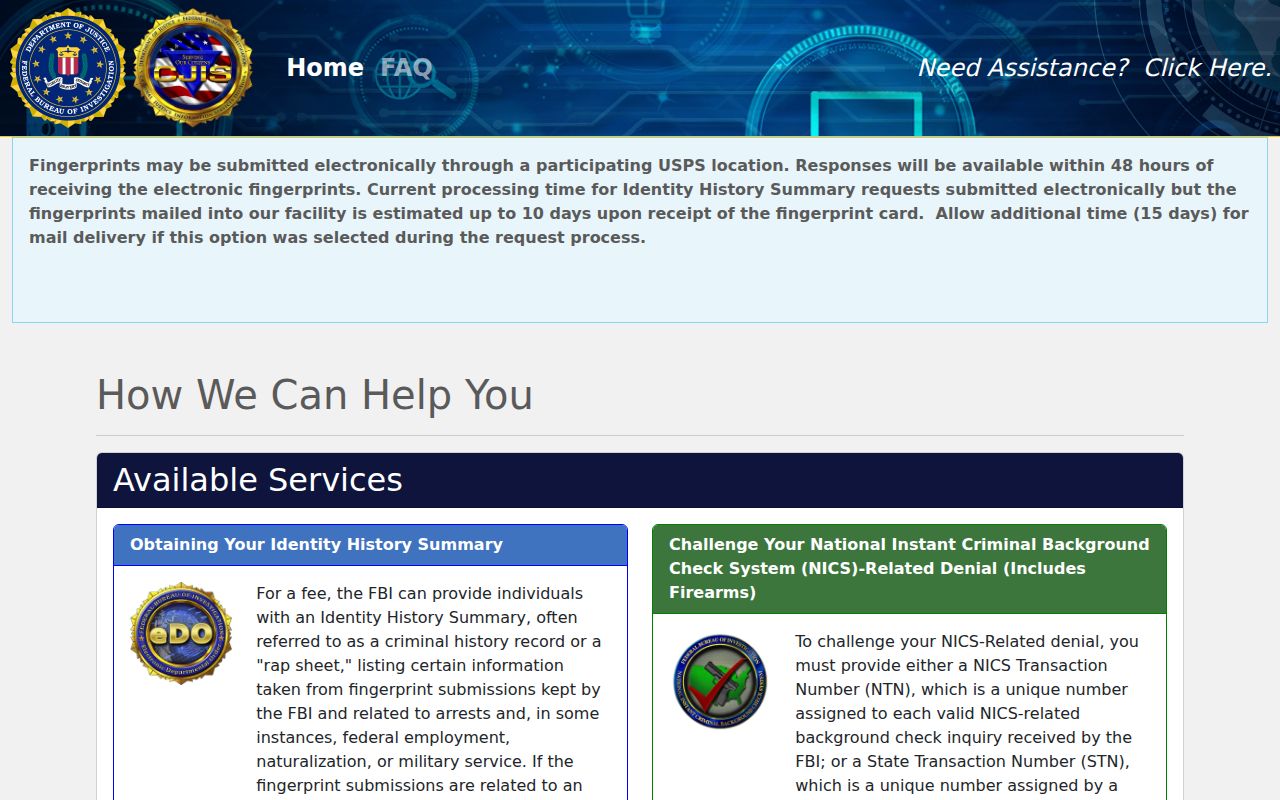 New London criminal history FBI electronic identity history application