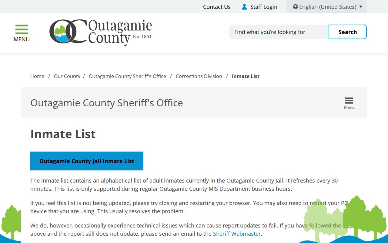 Outagamie County arrest history current inmate list page