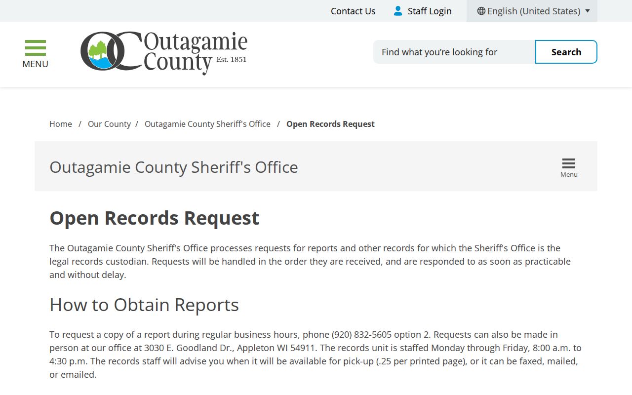 Outagamie County arrest record open-records request page