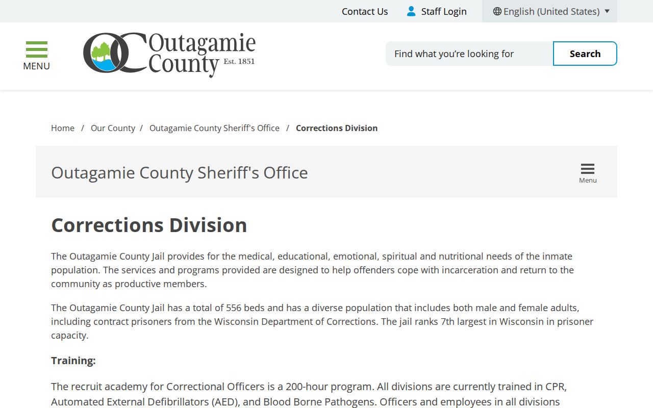 Outagamie County criminal history jail and corrections overview