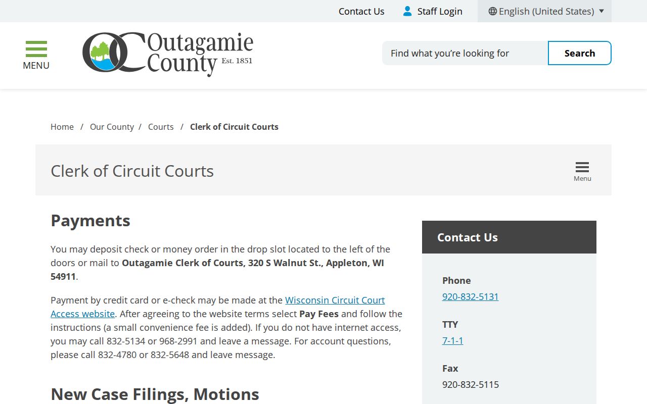 Outagamie County criminal history clerk records and court contacts