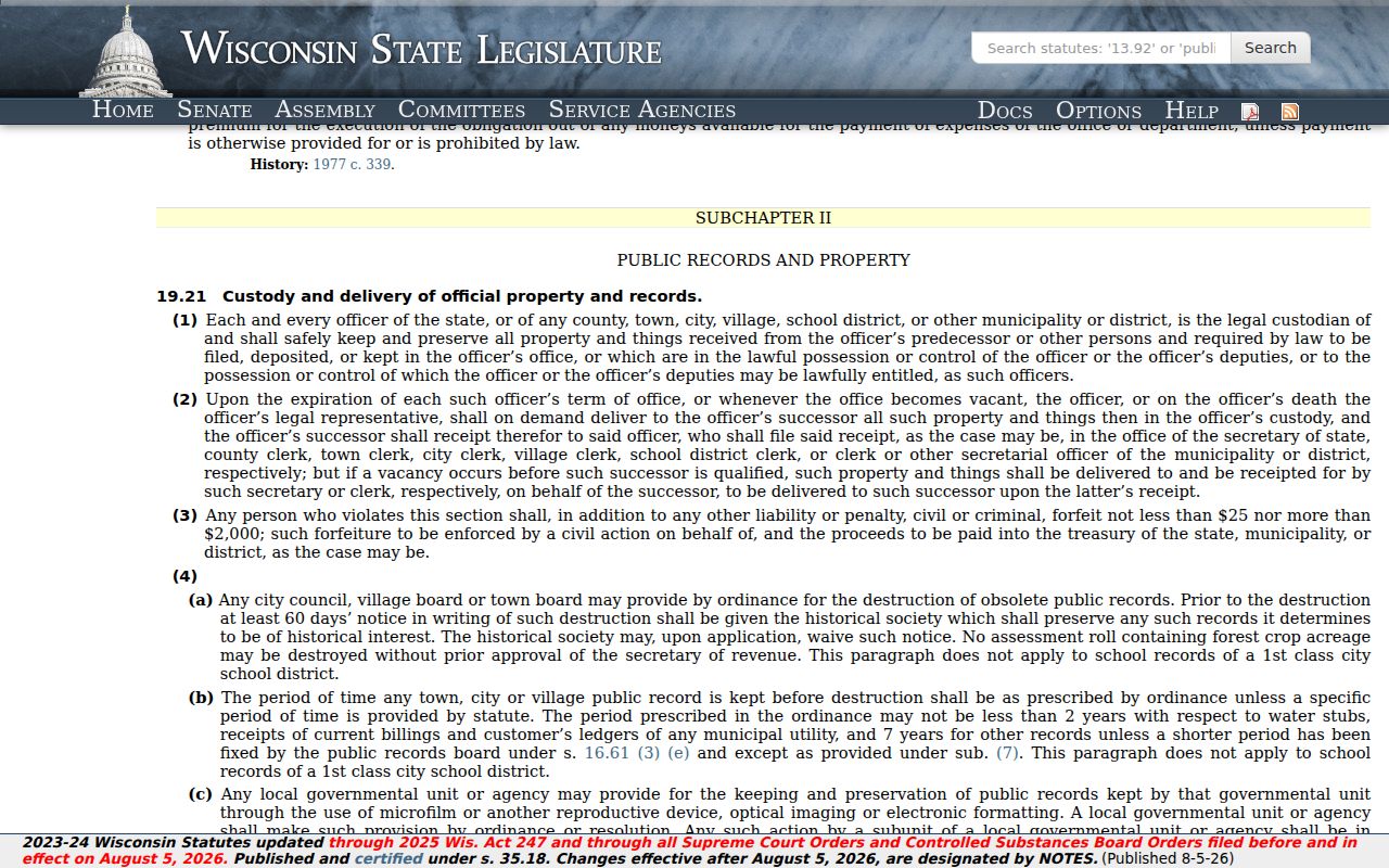 Outagamie County criminal records under Wisconsin Public Records Law