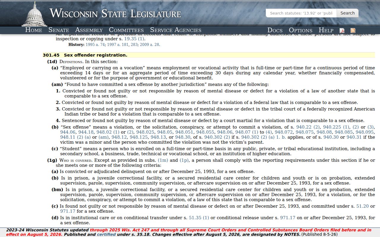Wisconsin law governing Outagamie County sex offender registration
