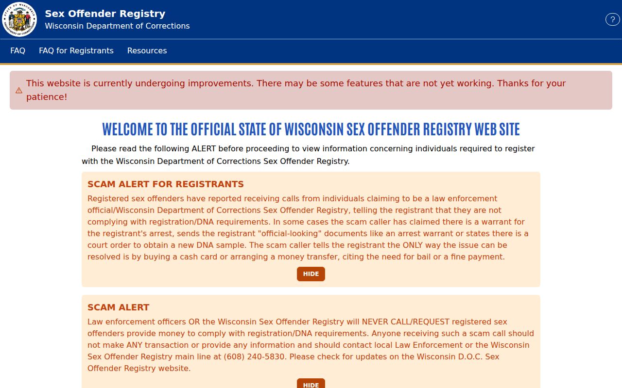 Outagamie County sex offender registry search screen